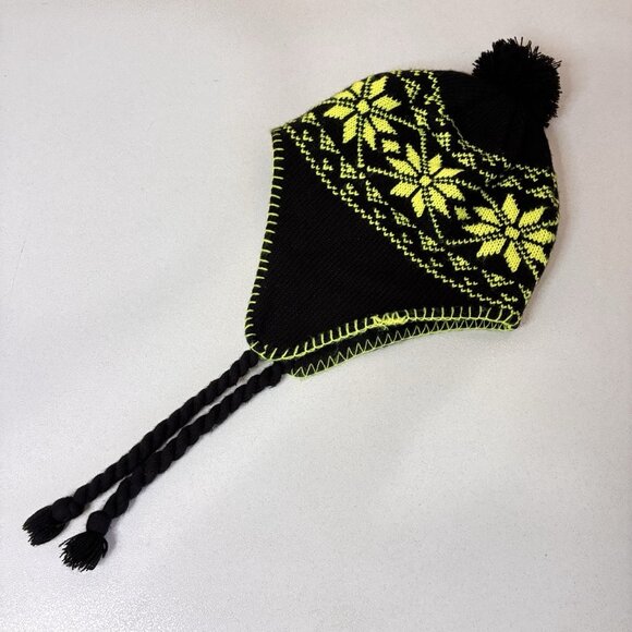 Nordic Knit Hat Black Green Pom Pom Bobble One Size Winter Grunge - Picture 5 of 10